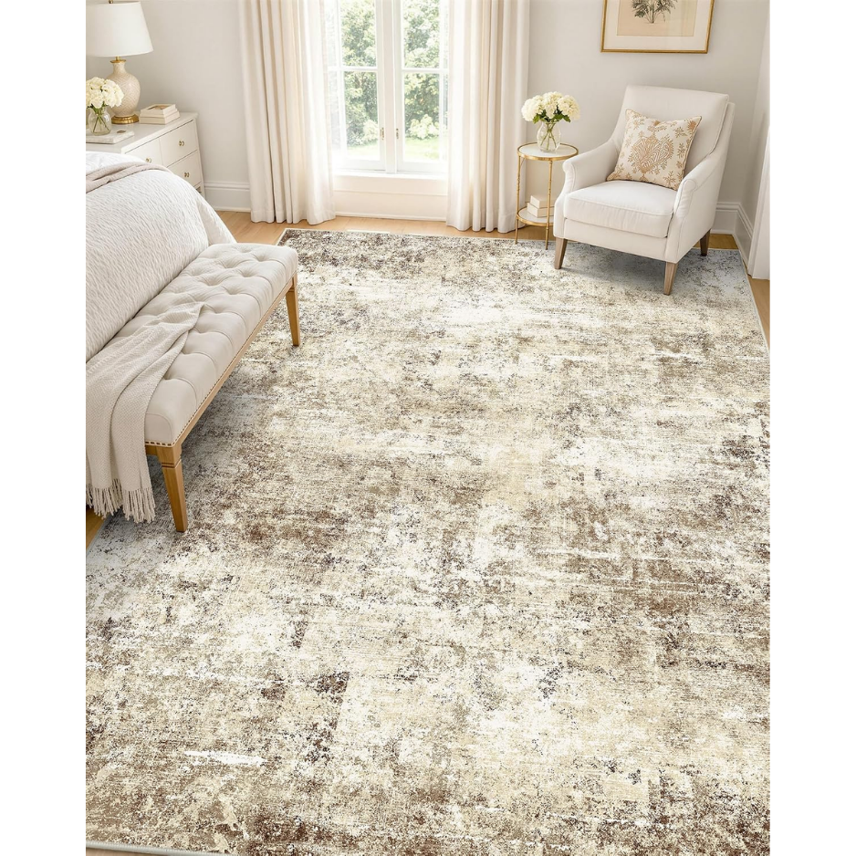 Washable Area Rug, 5 x 7 ft, Beige Distressed