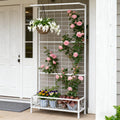White Metal Tall Plant Stand With Trellis And Hanging Bar Plant Holder