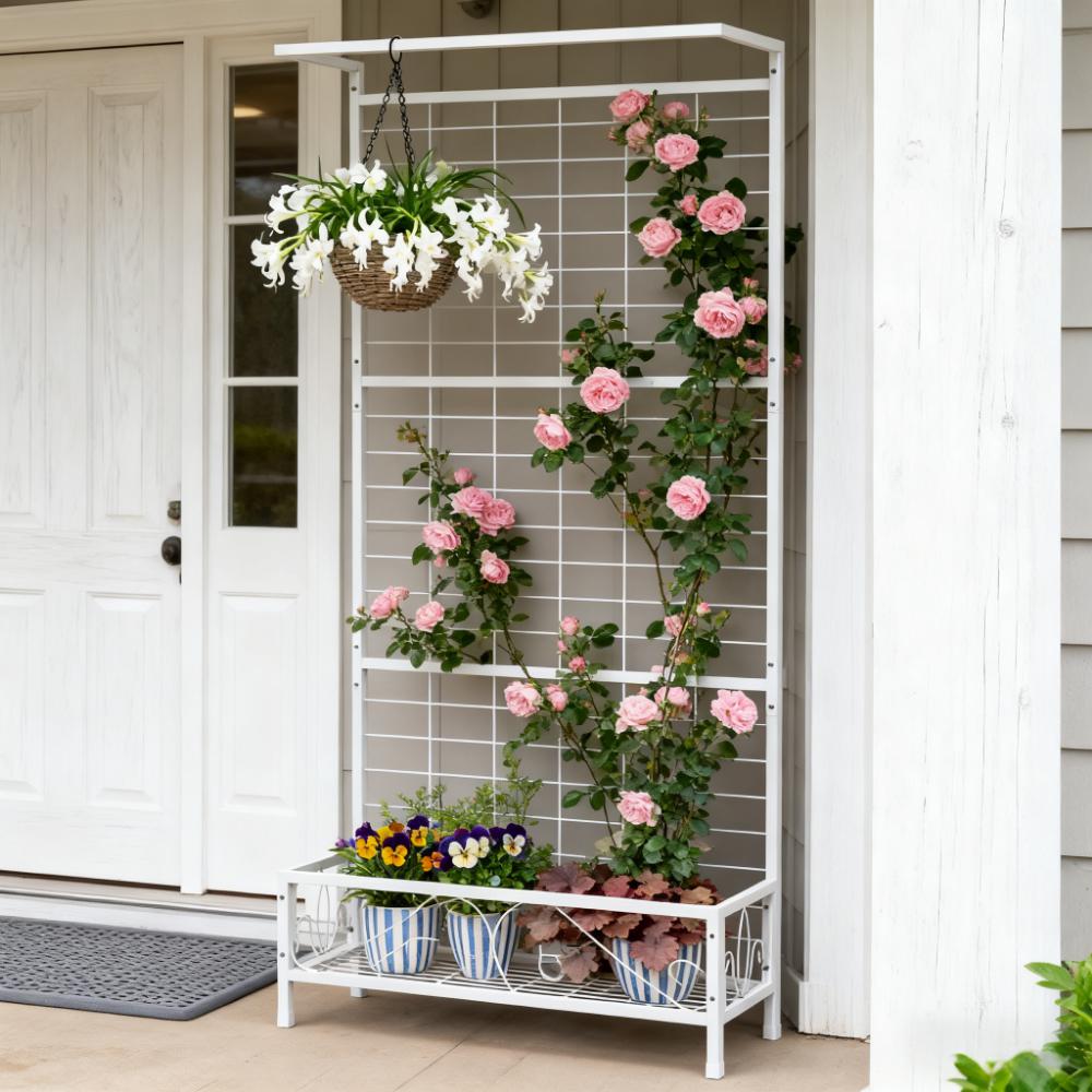 White Metal Tall Plant Stand With Trellis And Hanging Bar Plant Holder