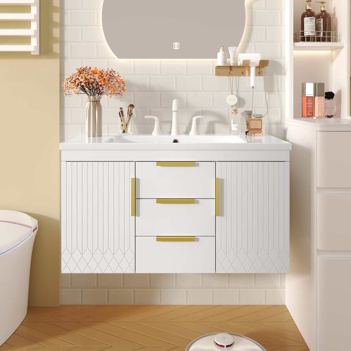 36" Wall Mounted Bathroom Vanity, Floating Bathroom Storage Cabinet With 2 Drawers
