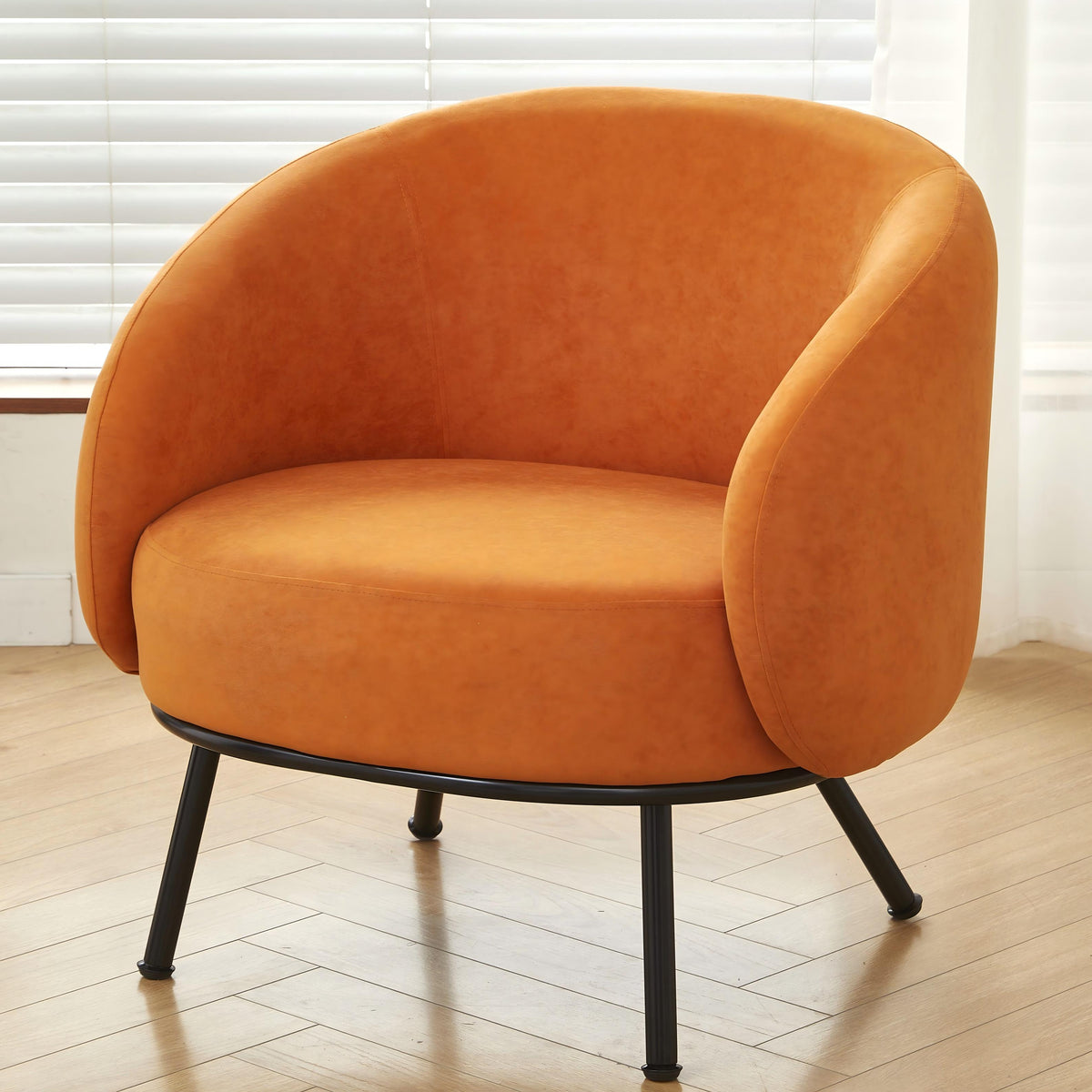 Mid-Century Modern Velvet Accent Chair Upholstered Barrel Armchair With Metal Legs Comfy Single Sofa Chair For Living Room