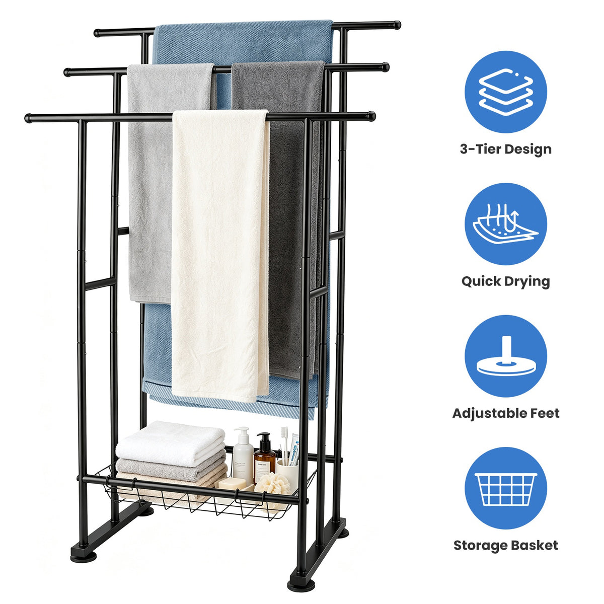 3-Tier Freestanding Towel Rack With Storage Basket Bathroom