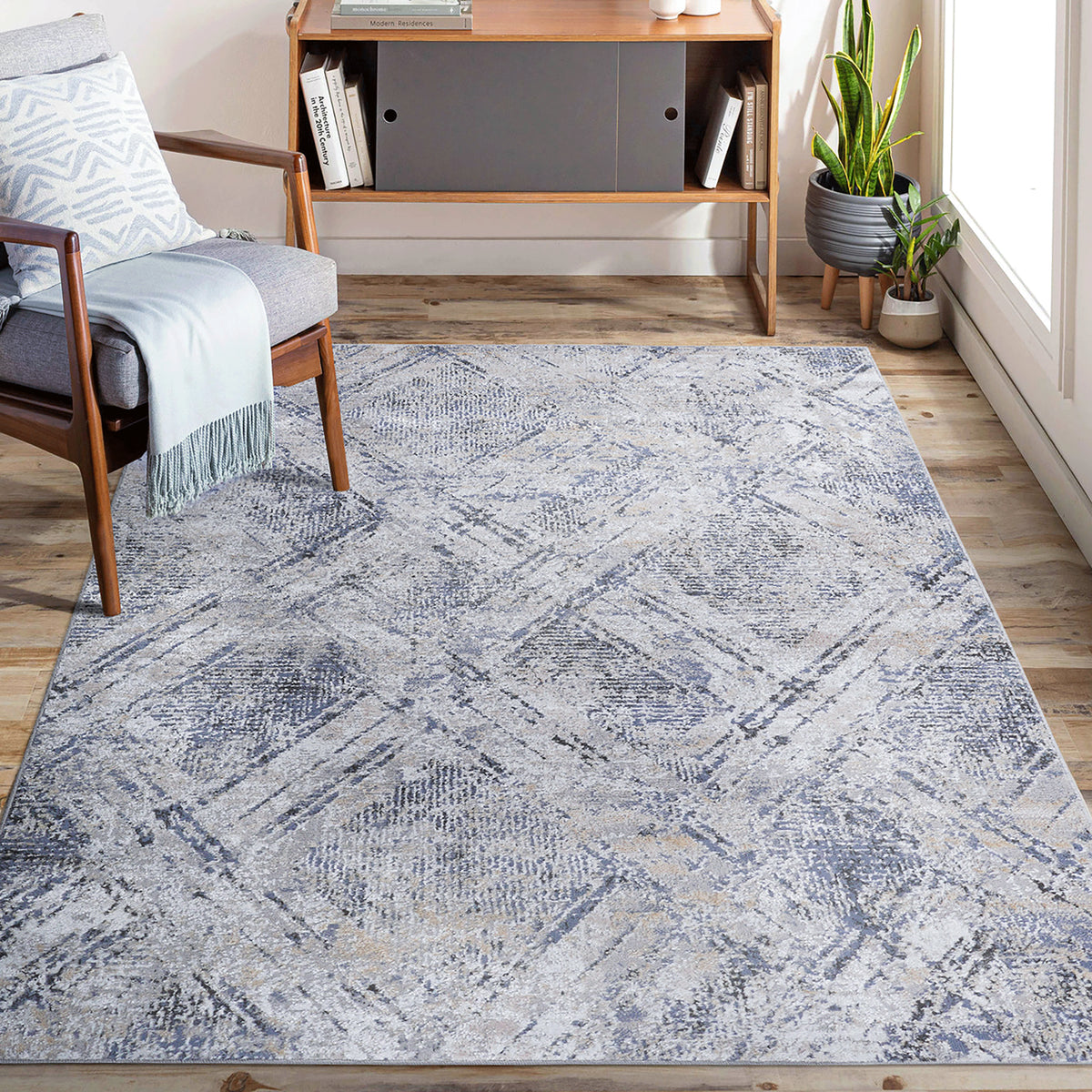 Blue Grey Geometric Area Rug, 6 x 9 ft