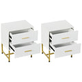 2 Pieces Nightstands with Storage, Modern Bedside Tables with 2 Fluted Drawers and Gold Legs for Bedroom, White