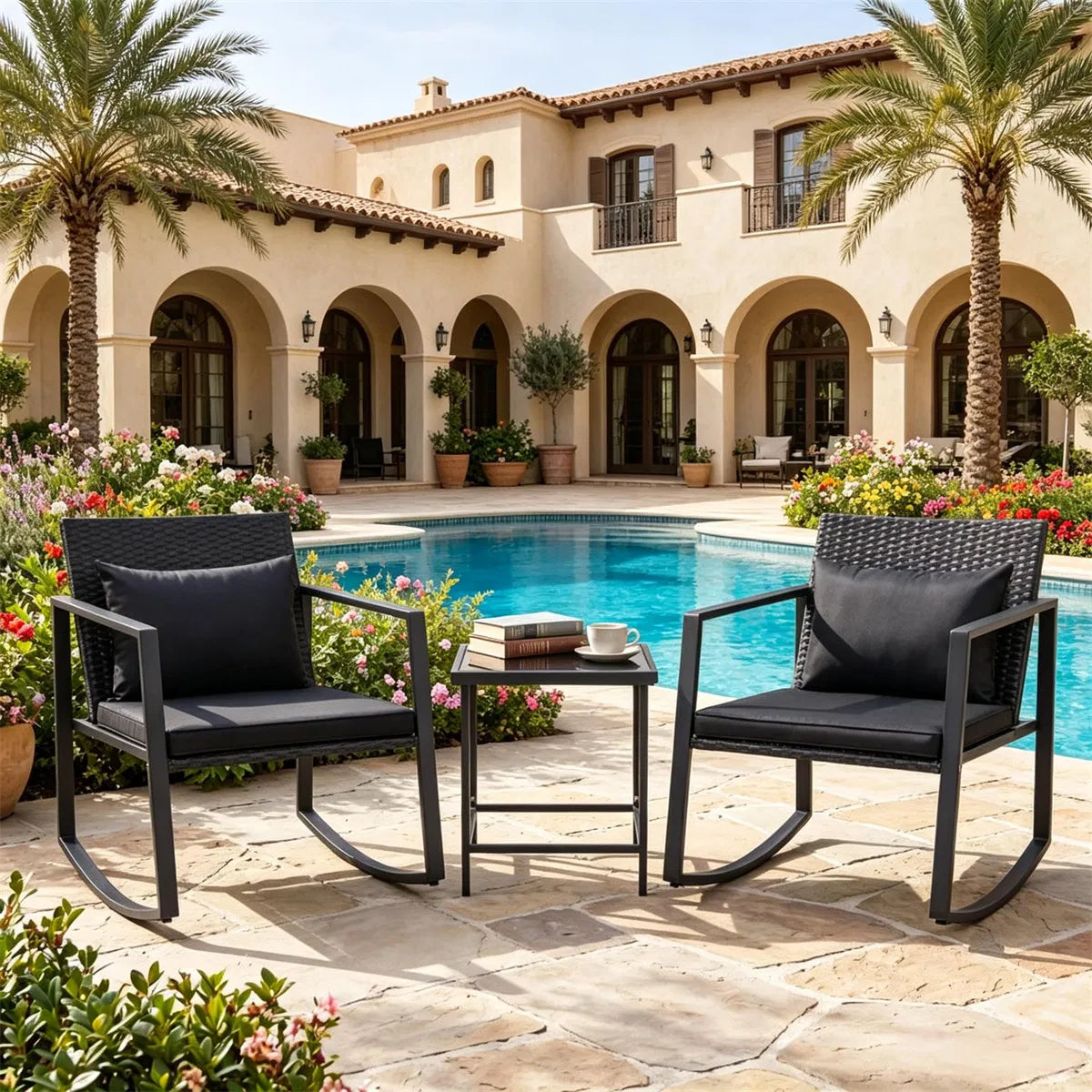 3-Piece Outdoor Wicker Rocking Chair Set, Patio Conversation Furniture
