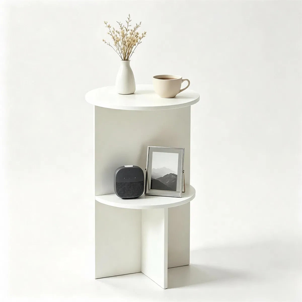 2-Tier Modern White Side End Table Engineered Wood Accent Nightstand with Open Storage Shelf Anti-Scratch Foot Pads for Sofa Bedroom Living Room Office