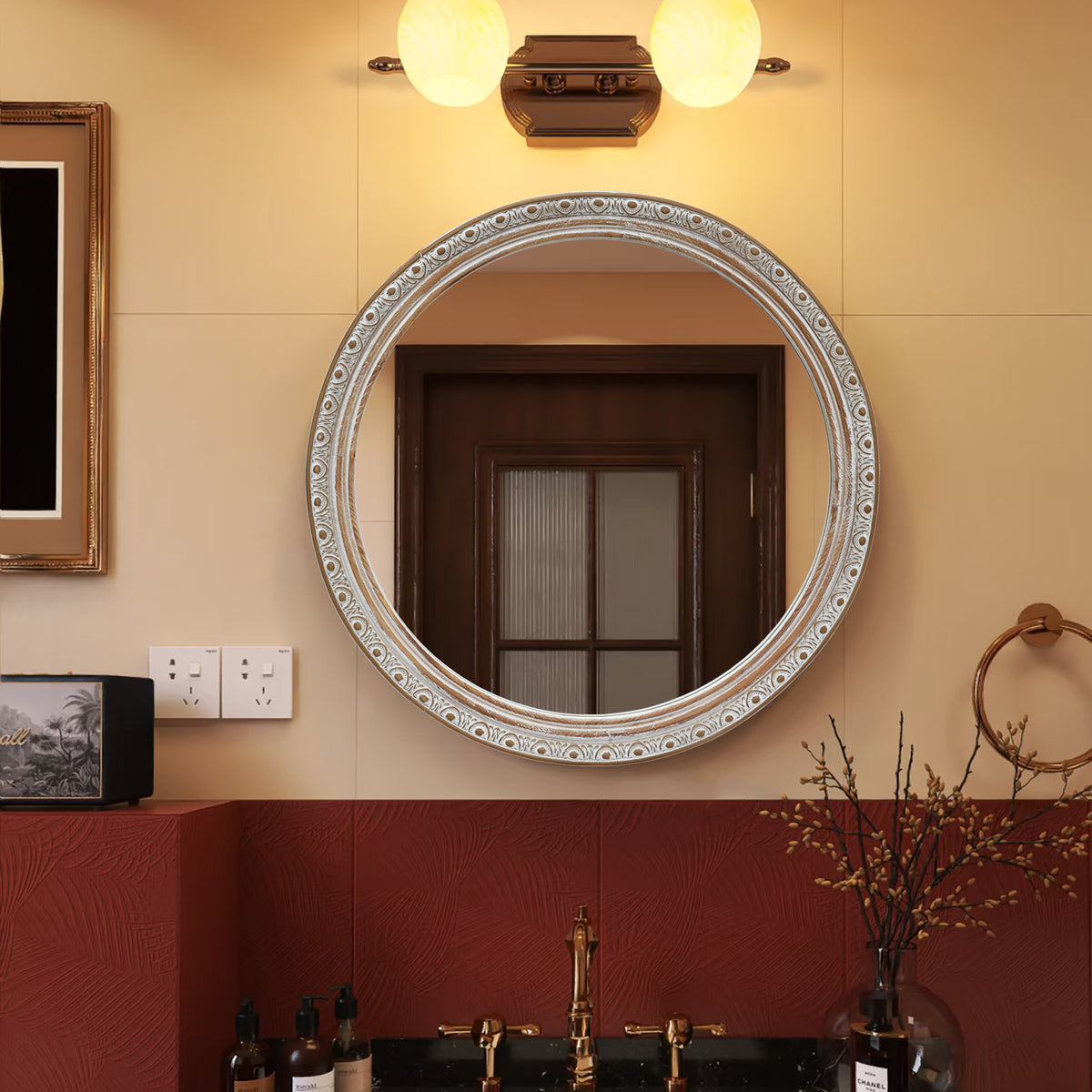 Ornate Round Wall Mirror 23-Inch Distressed Silver