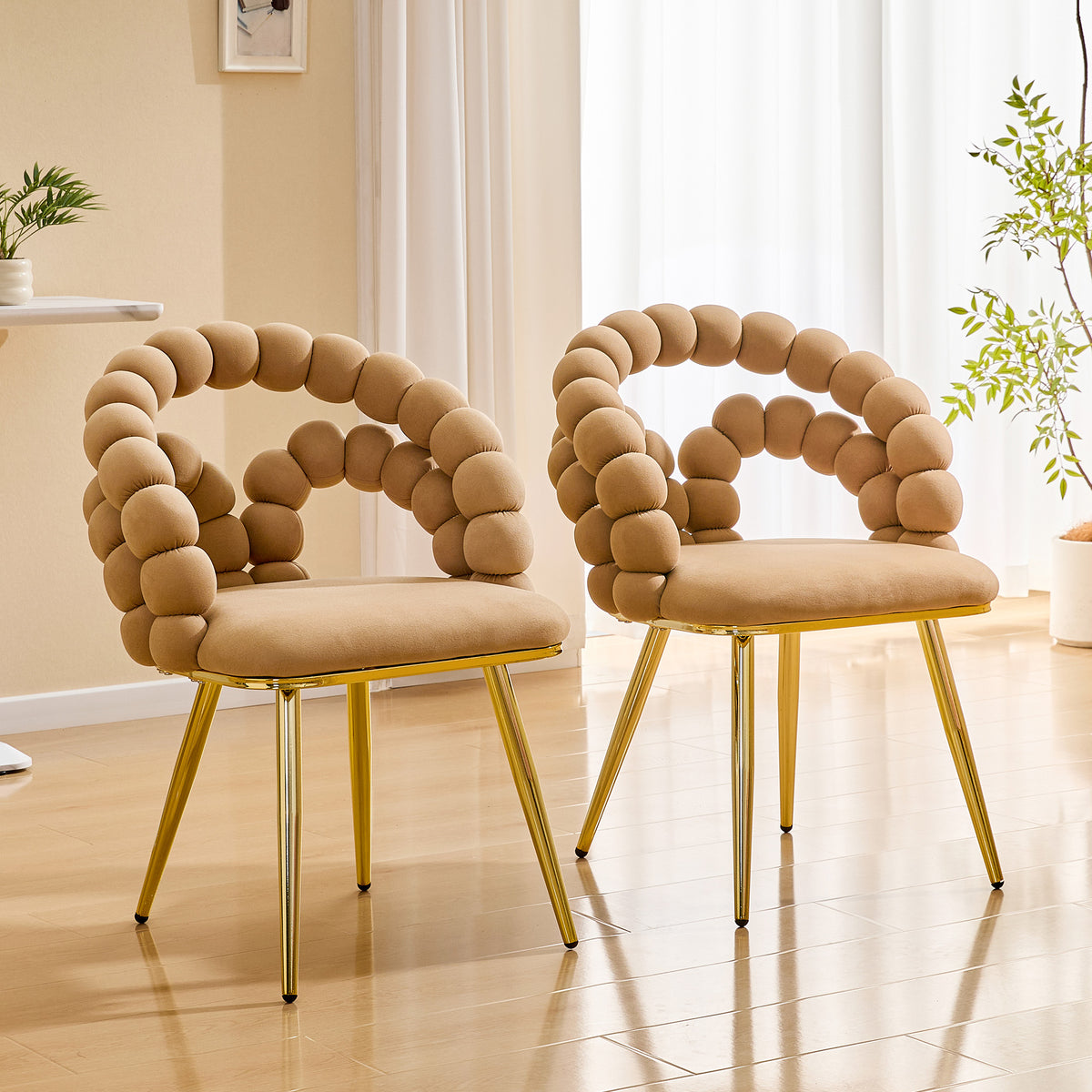 Set Of 2 Modern Velvet Dining Chair With Bubble Back, Accent Chair With Gold Metal Legs, Upholstered Vanity Chair For Dining Room, Living Room, Bedroom, Brown & Gold