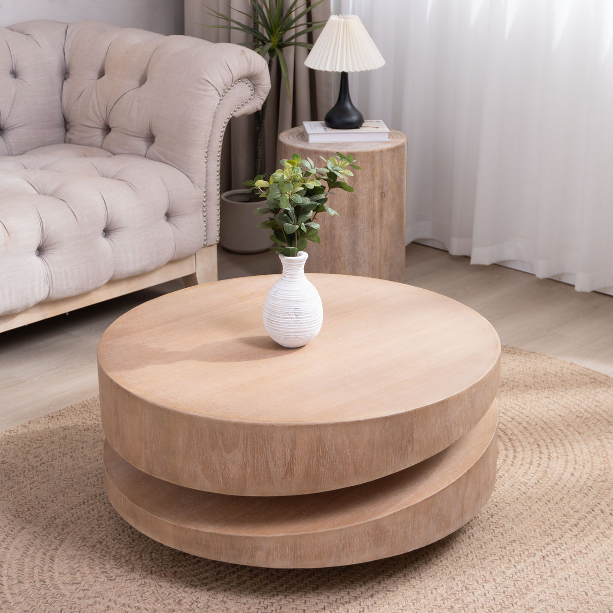 Modern Round Wood Coffee Table Natural Finish Accent Table For Living Room