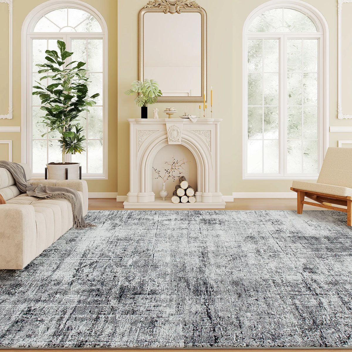 Modern Abstract Washable Area Rug, 5 x 7 ft, Grey