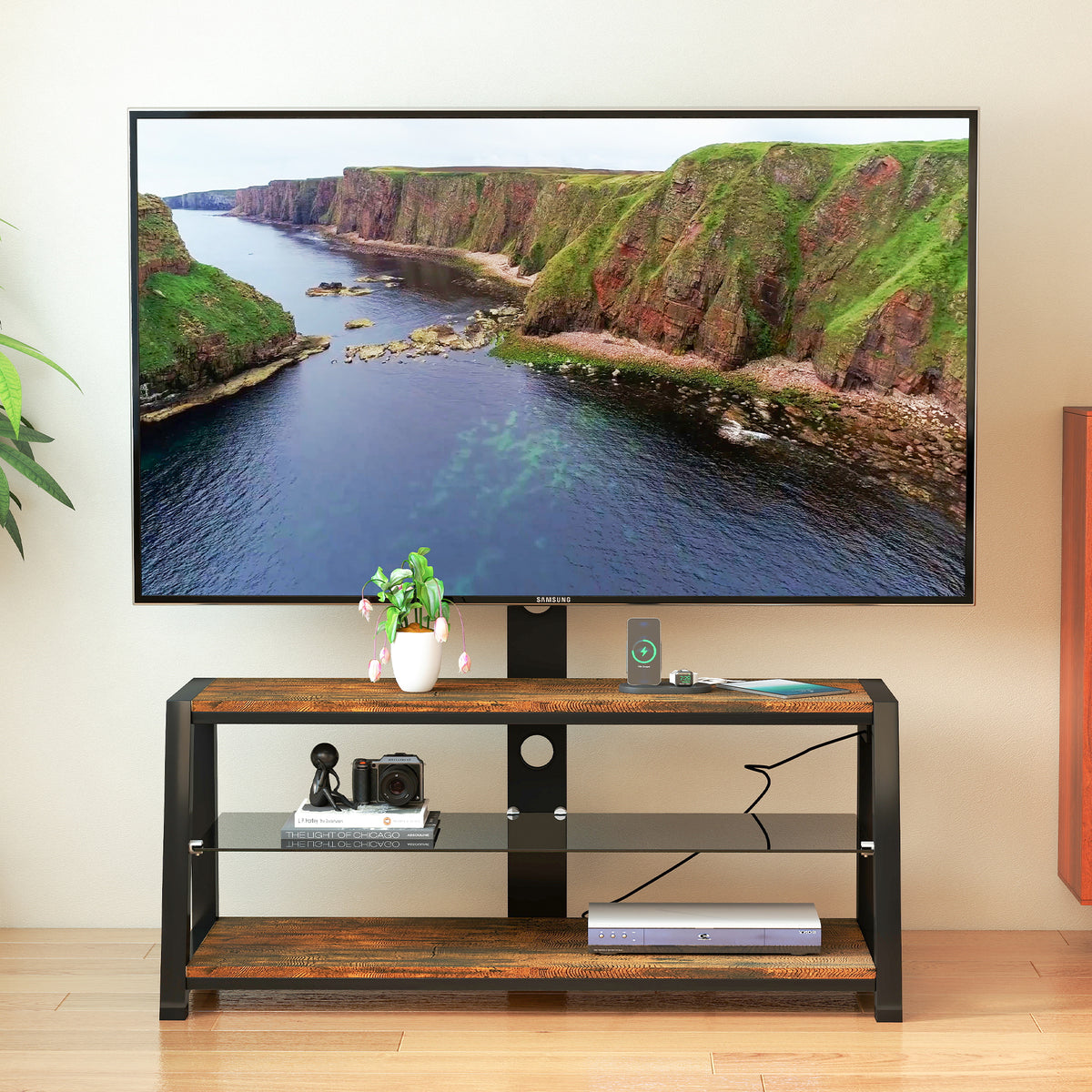 Wooden Storage TV Stand Black Tempered Glass Height Adjustable Universal Swivel Entertainment Center With Mount TV Stand - Rustic Brown