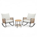 3-Piece Patio Rocking Chair Set, Wicker Outdoor Furniture With White Cushions