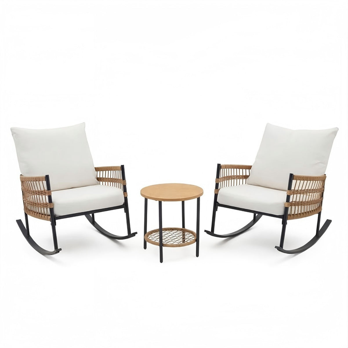 3-Piece Patio Rocking Chair Set, Wicker Outdoor Furniture With White Cushions