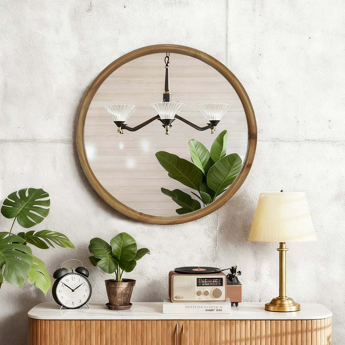 Round Wood Framed Wall Mirror, Natural, 27.56 in