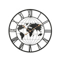 Large Metal World Map Wall Clock, 36 in, Black & Gold