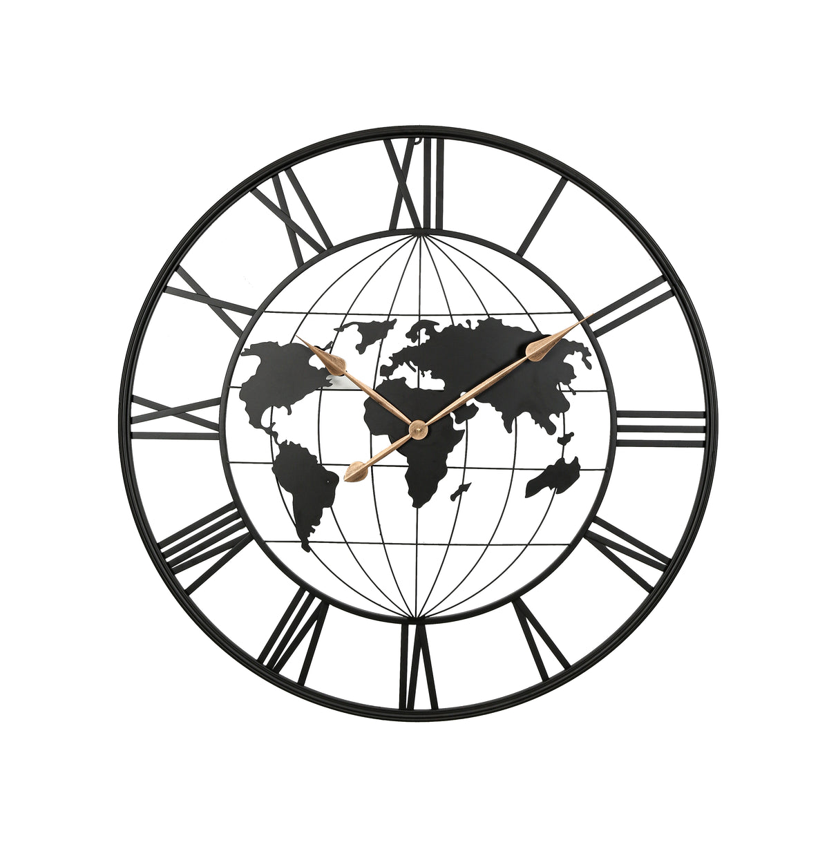 Large Metal World Map Wall Clock, 36 in, Black & Gold