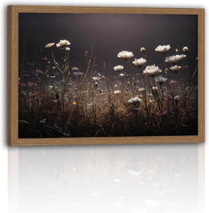 Framed Vintage White Wildflowers Wall Art Moody Fall Floral Landscape Canvas