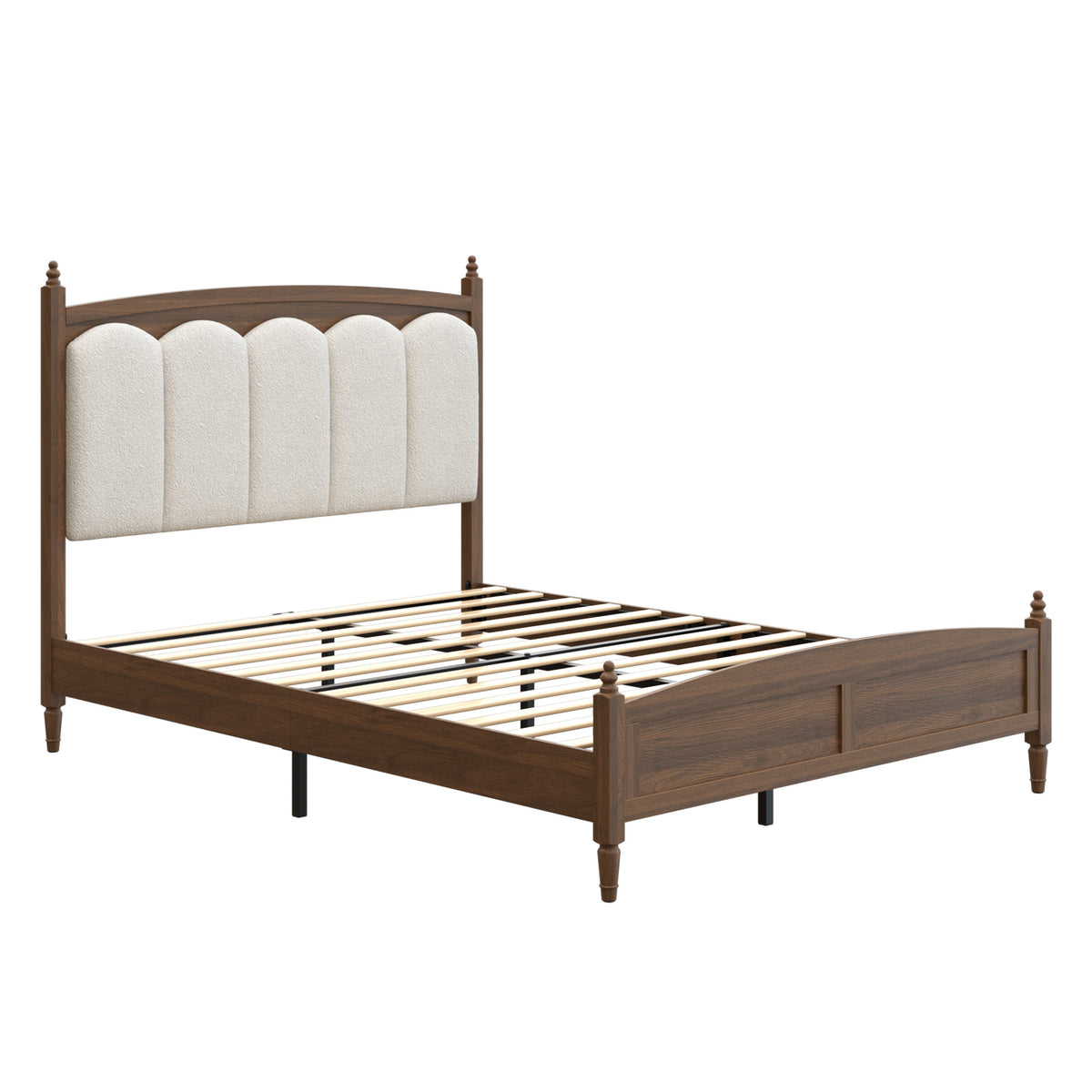 Queen Size Platform Bed Frame Upholstered Headboard Mid-Century