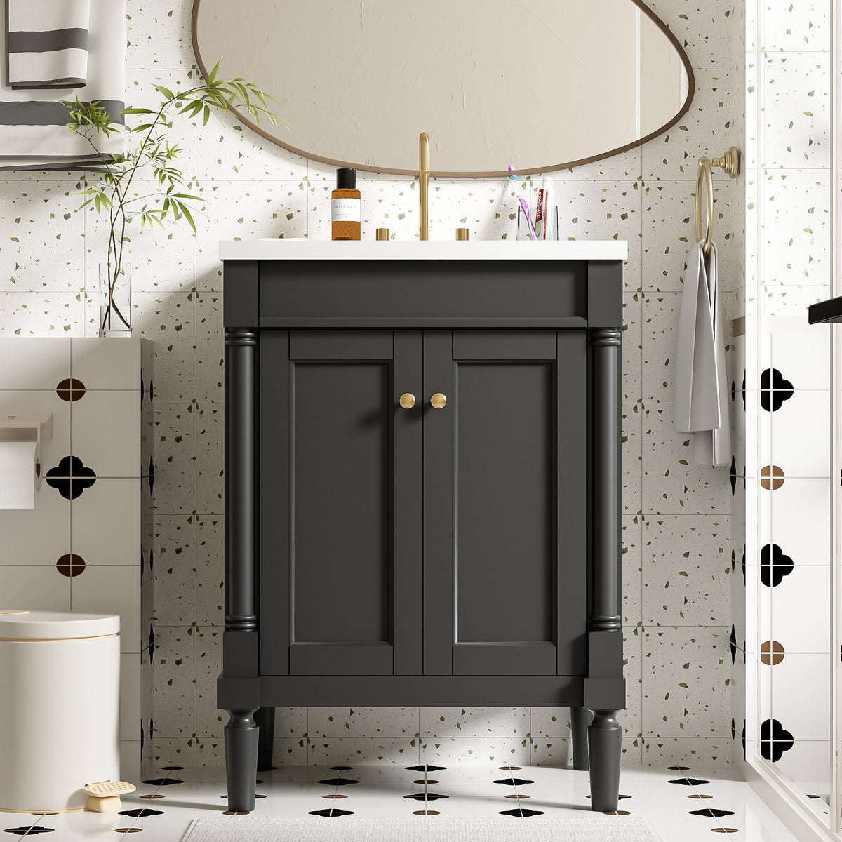 24" Bathroom Vanity With Top Sink, 2-Tier Modern Bathroom Storage Cabinet, Single Sink