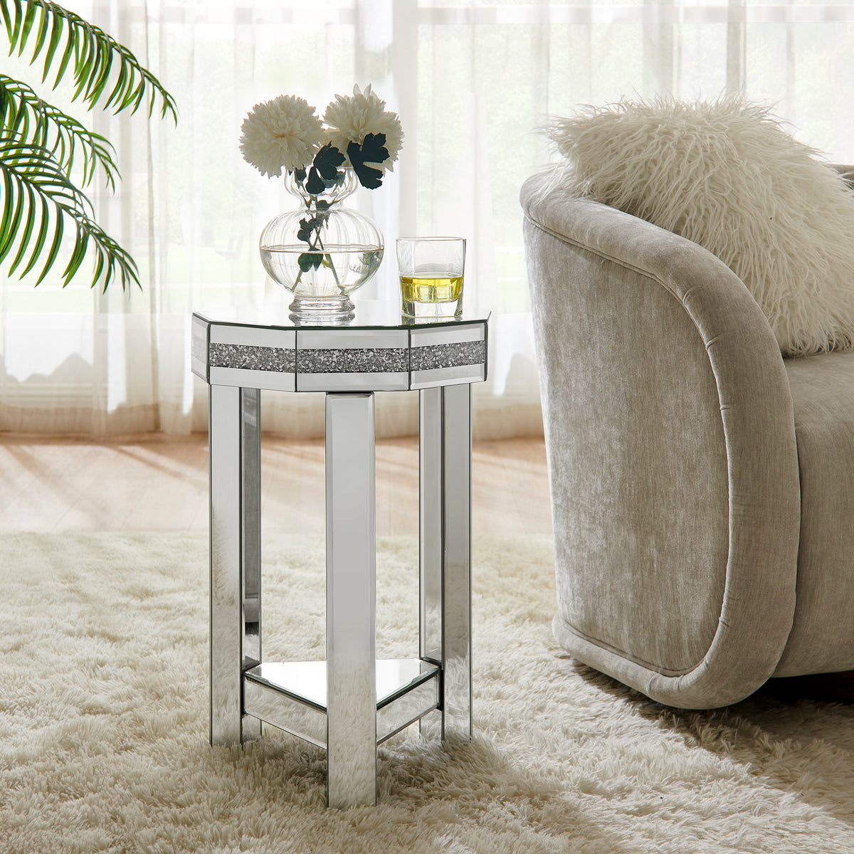 Mirrored Octagon End Table With Crystals Inlay, 2-Tier Modern Small Sofa Table With Storage, Silver Accent Side Table For Living Room, Bedroom, Coffee, And Small Spaces 13.8W X 13.8D X 21H