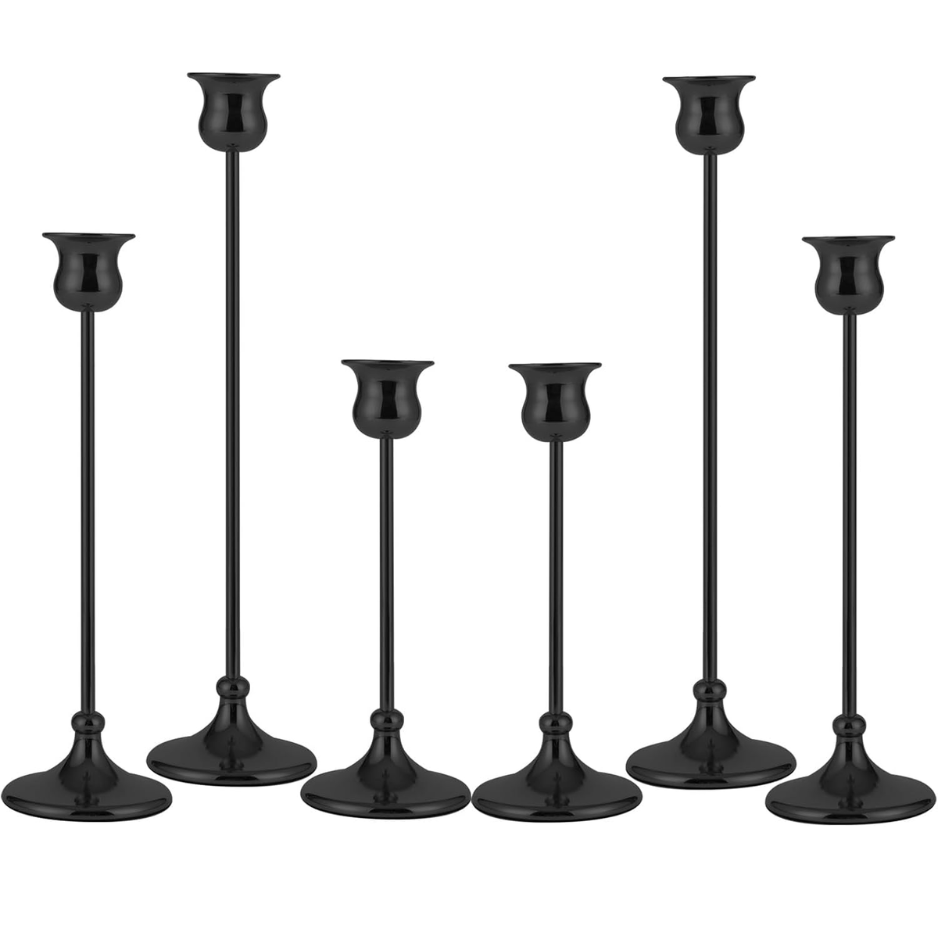 Tall Vintage Matte Black Taper Candlestick Holders, 6 Pieces (2 Sets of 3)