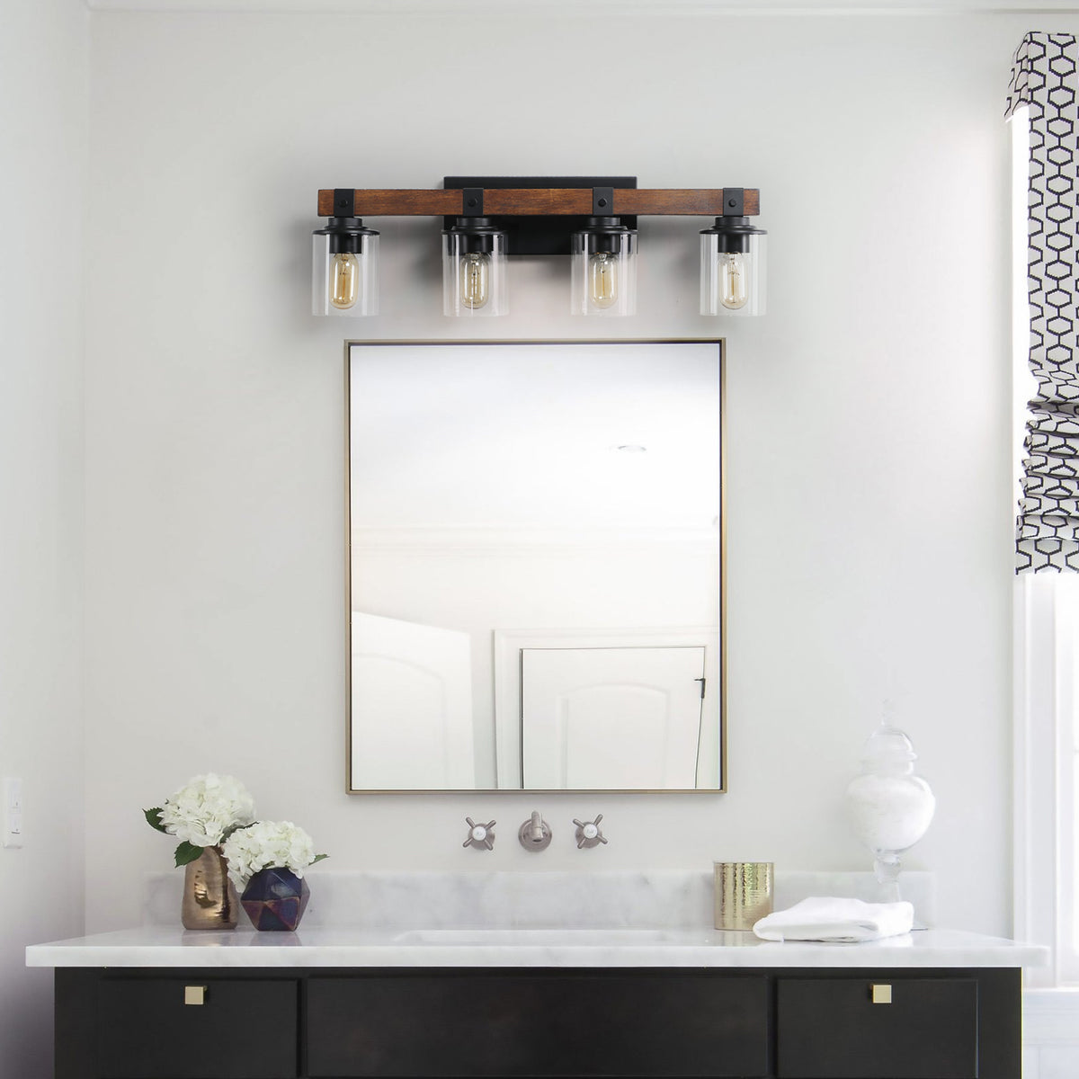 27in Rustic 4-Light Vanity Light, Industrial Bathroom Wall Sconce With Glass Shades And Wood Accent, Modern Farmhouse Lighting Fixture No Bulbs