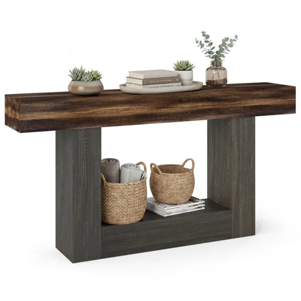 Natural Wood Console Table, 59in Entryway Table, Curved Waterfall-style