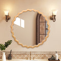 27.5 Inch Round Wavy Wall Mirror, Wooden Farmhouse Circle Mirror For Bathroom Vanity Bedroom