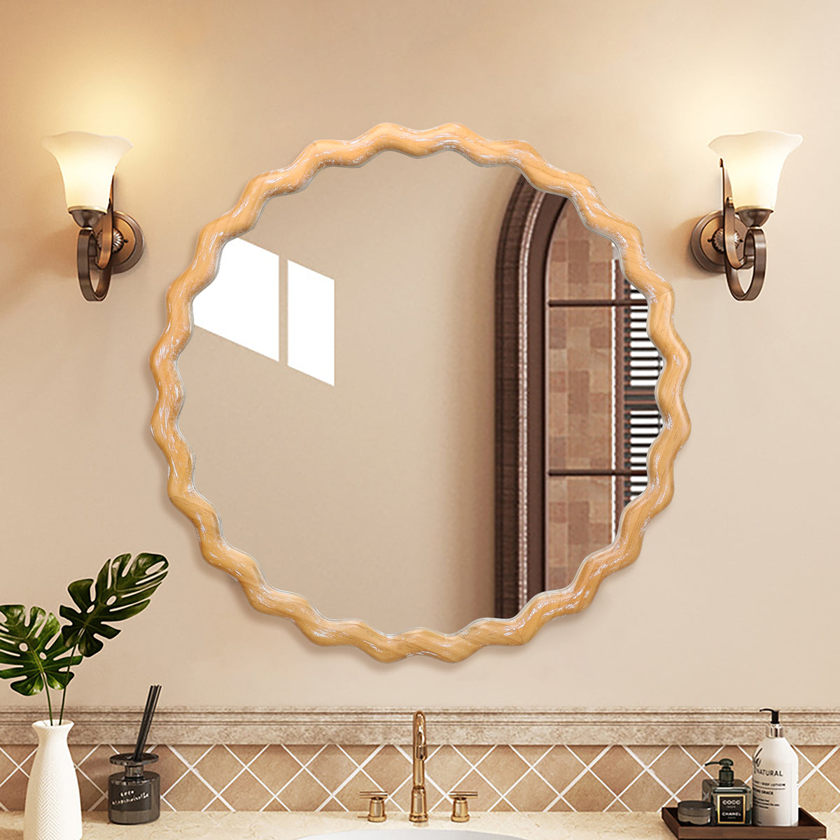 27.5 Inch Round Wavy Wall Mirror, Wooden Farmhouse Circle Mirror For Bathroom Vanity Bedroom