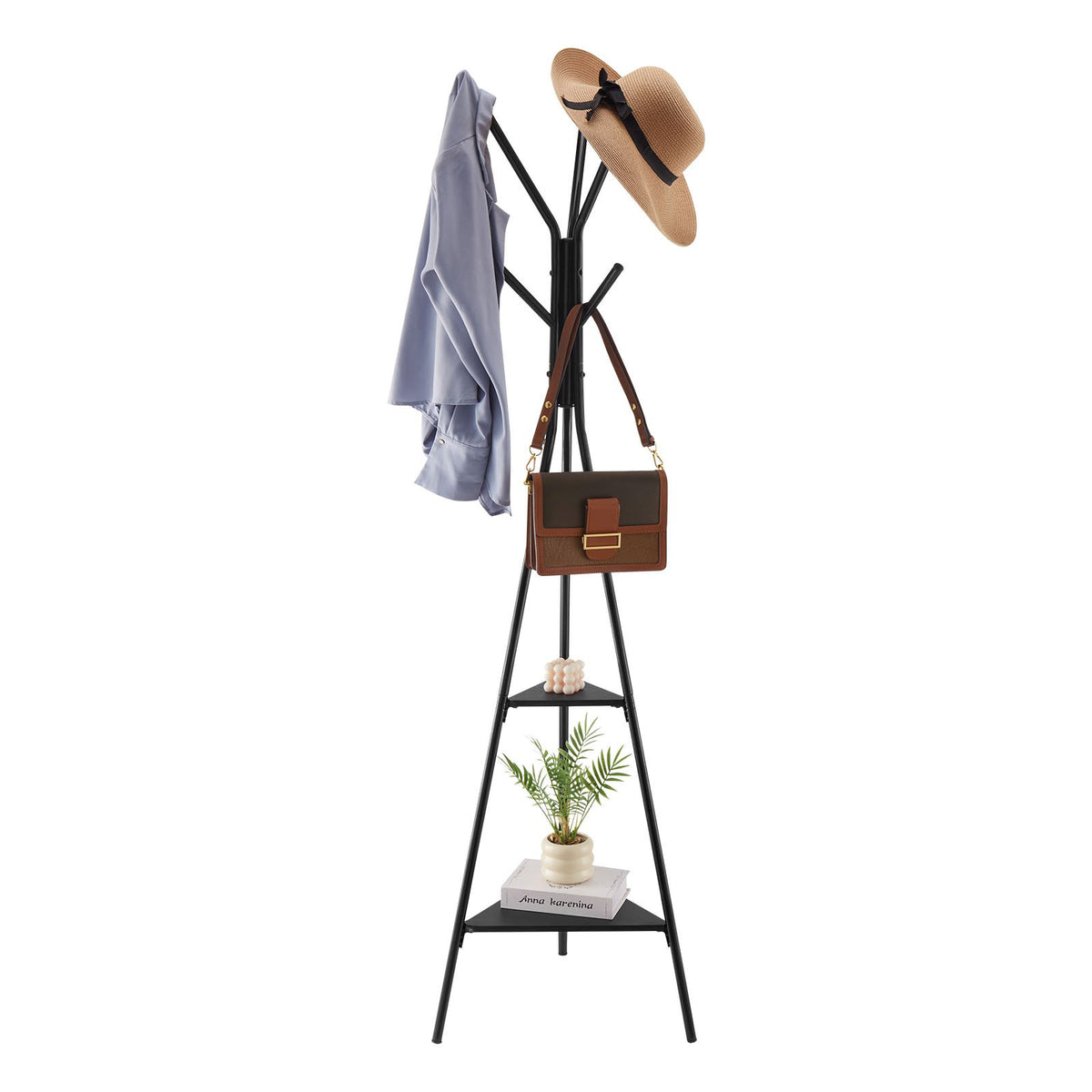 Freestanding Coat Rack Stand With 2 Shelves and 6 Hooks, Hall Coat Tree For Entryway, Bedroom, Living Room