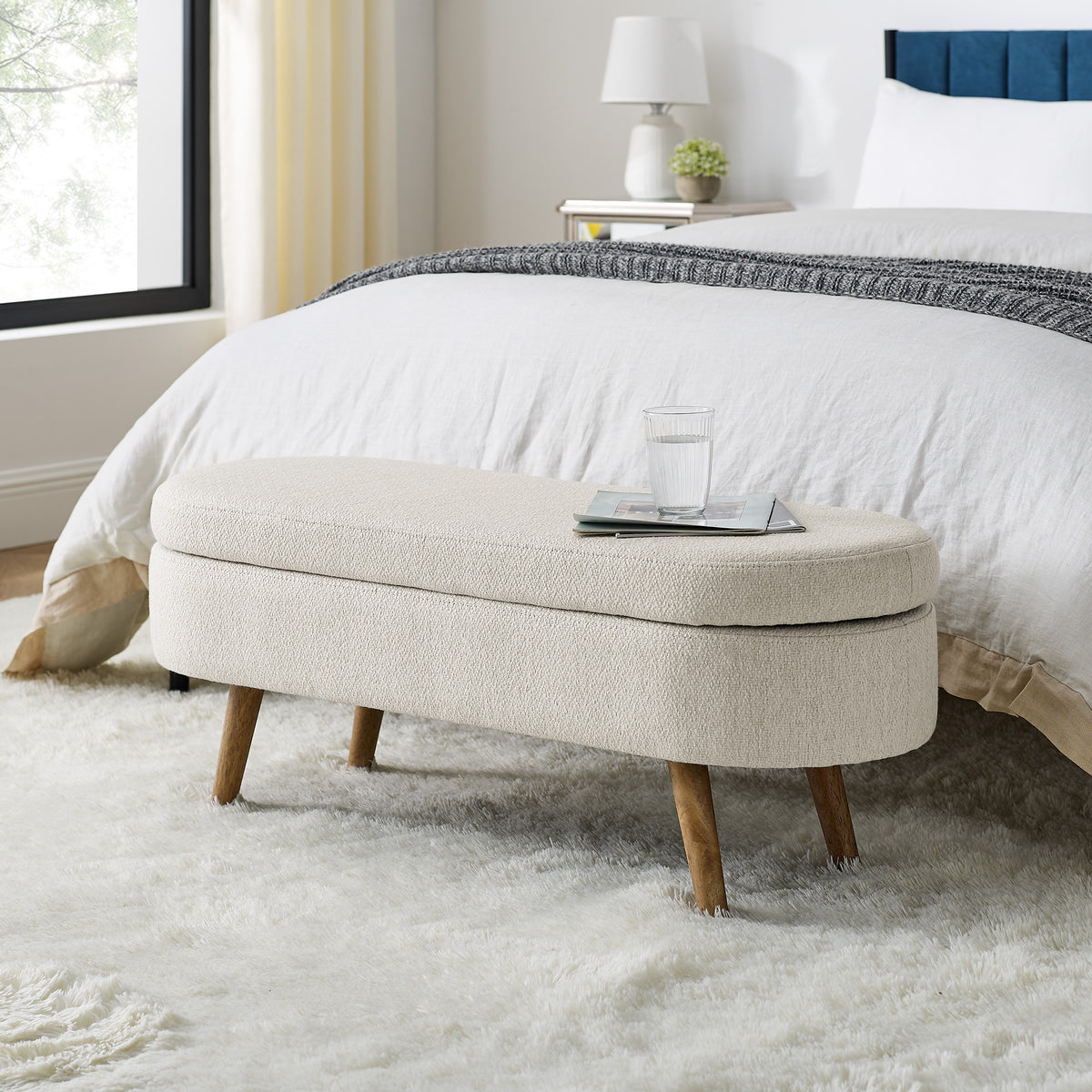 Ottoman Oval Storage Bench, Rubber Wood Legs, Beige 43.5x16x16