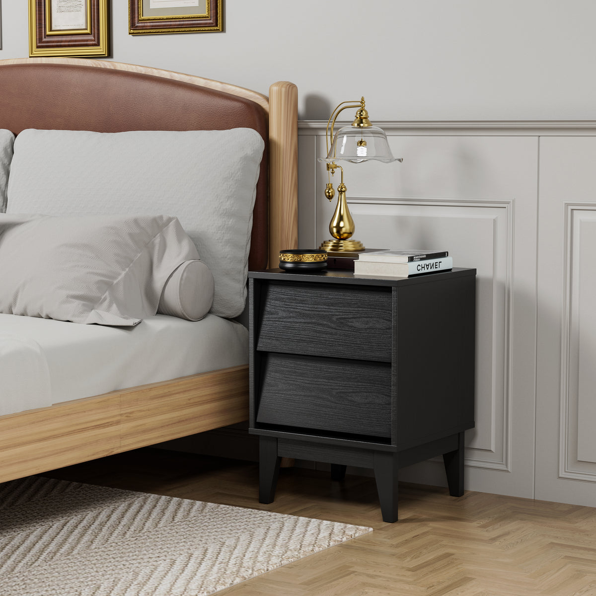 Set of 2 Nightstands, Vintage-Style Bevel Design, MDF, Mid Century Modern Night Stand For Bedroom