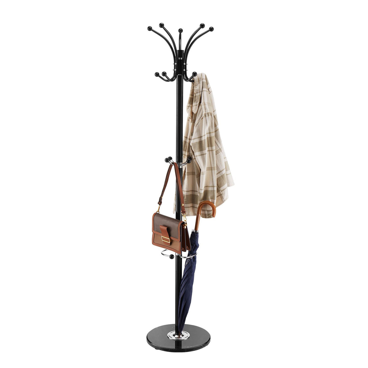 Freestanding Metal Coat Rack With Umbrella Holder & Marble Base, Black