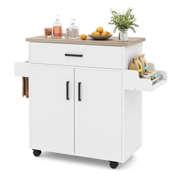 41.5" Rolling Kitchen Island Cart With Storage, White Kitchen Cart With Drawer & Cabinet, Spice Rack & Towel Holder