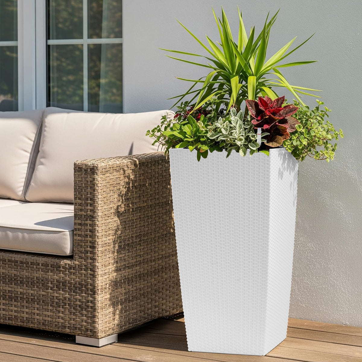 30 In Tall Large Flower Pots Planter With Self-Watering Drainage Holes & Inner Trays Indoor Outdoor Plant Pot With Drain Holes, Water Level Monitor, Inner Bucket For Garden, Patio, Porch, Backyard, White