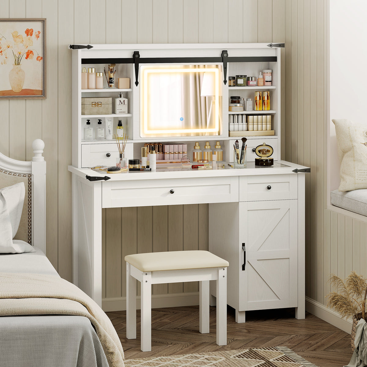 Vanity Desk Set with Mirror and Lights, Cushioned Stool, Storage Drawer, Cabinet, Shelves for Bedroom, White