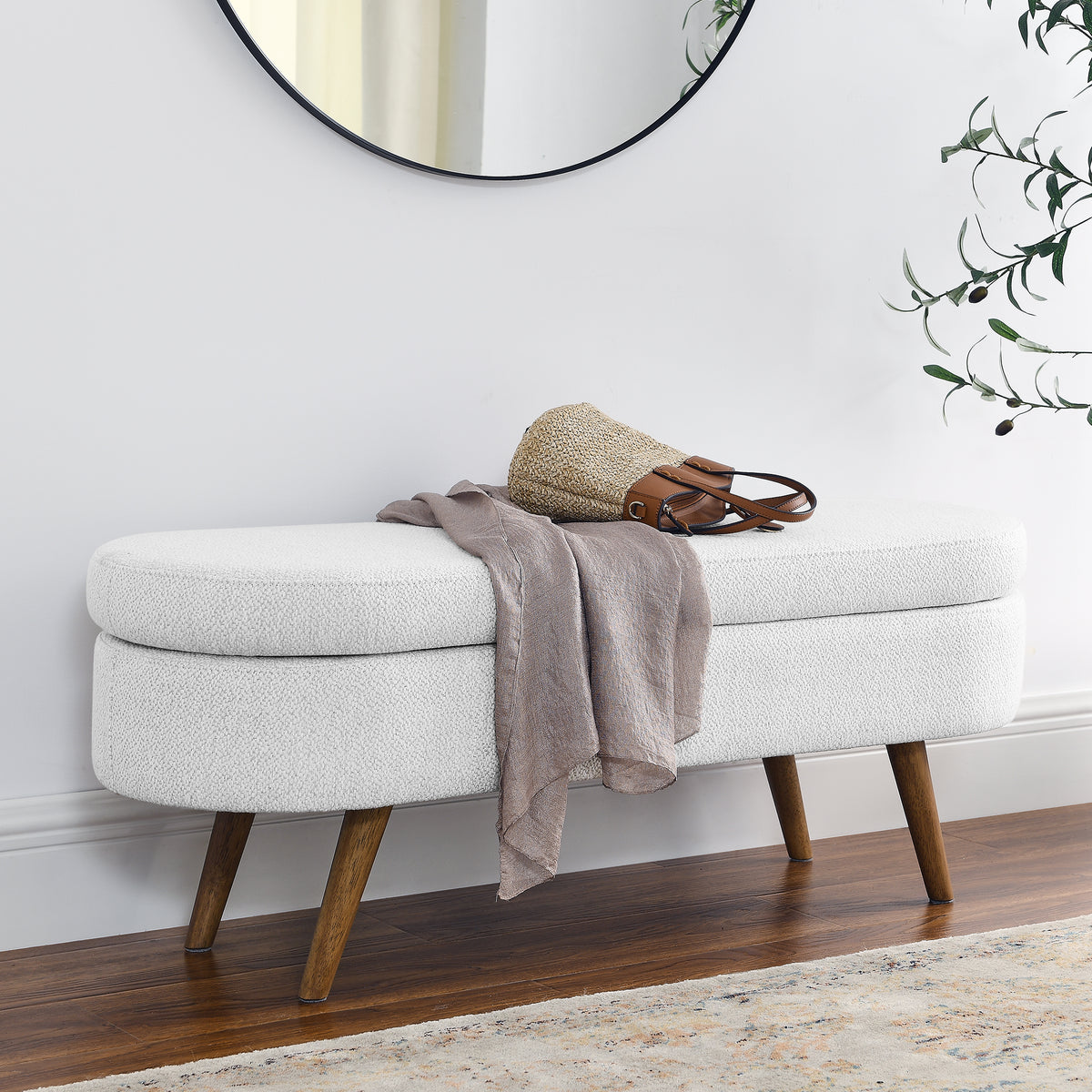 Ottoman Oval Storage Bench, Rubber Wood Legs, White 43.5x16x16