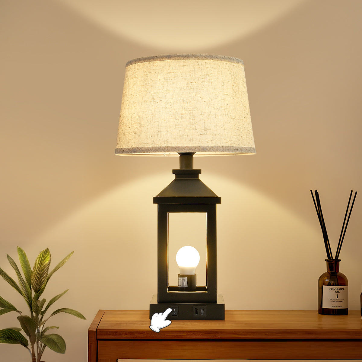 Black Farmhouse Bedside Table Lamp For Living Room 3-Way Dimmable