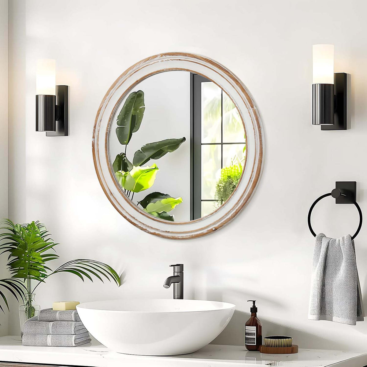 31.5 Inch Round Wall Mirror, Wooden Farmhouse Circle Mirror For Bathroom Vanity Bedroom Entryway