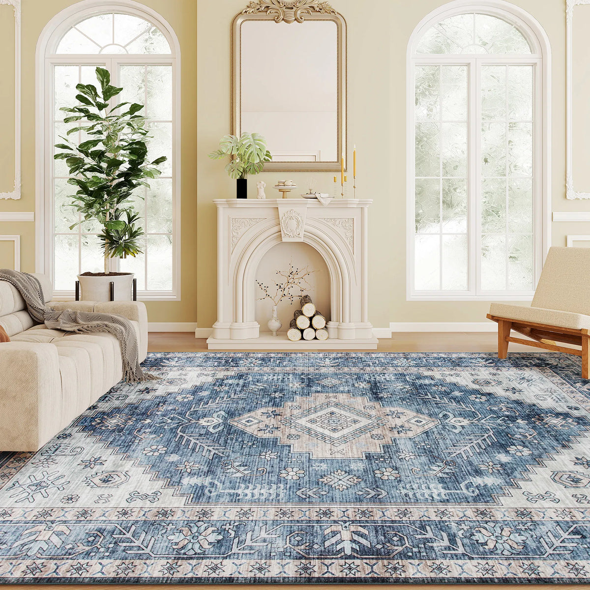 Vintage Washable Area Rug, 8 x 10 ft, Blue