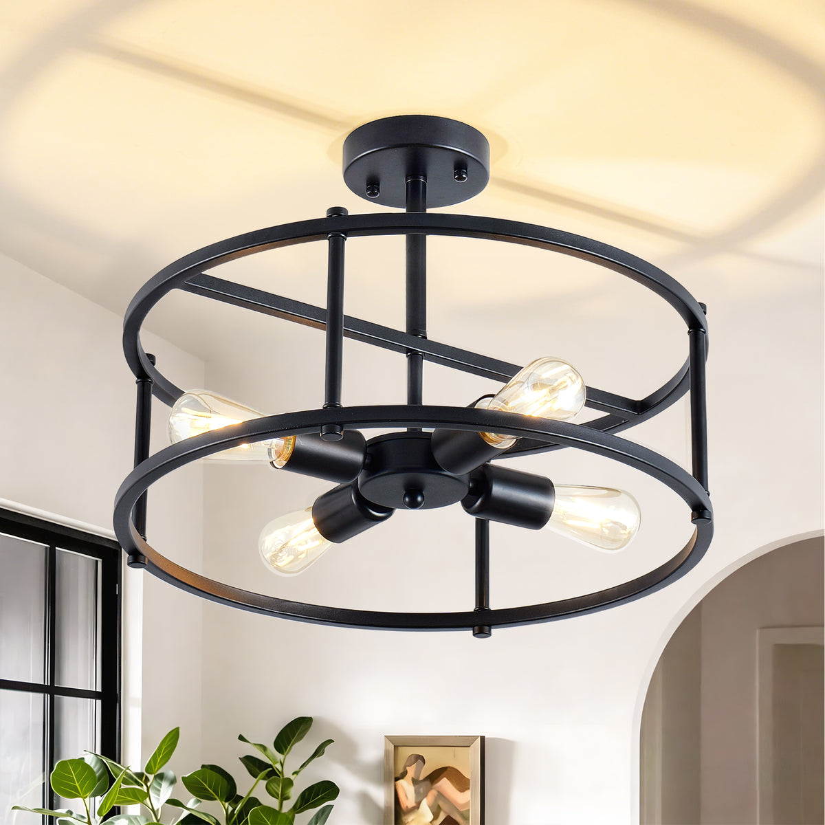 Industrial 4-Light Semi-Flush Ceiling Light, Black