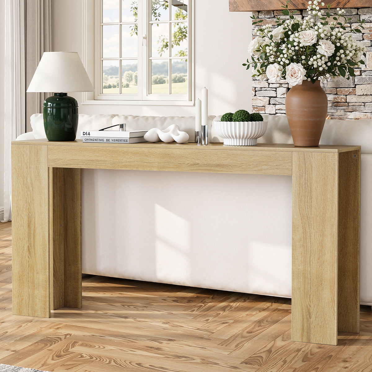 Washed White Console Table, 59in Entryway Table, Curved Waterfall-style