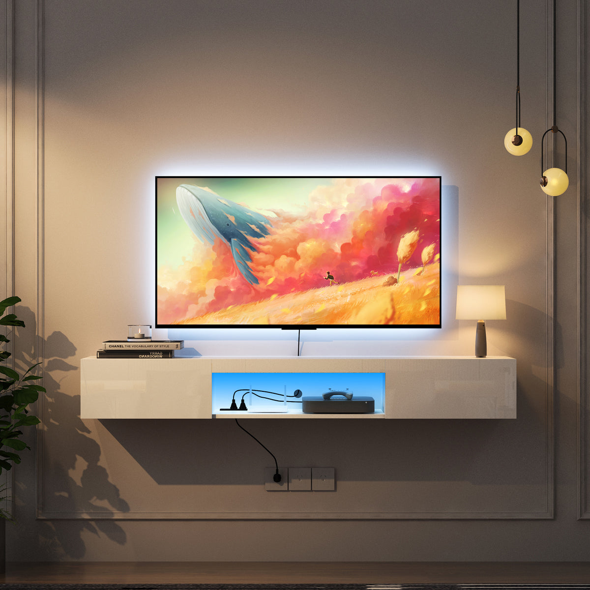 Floating TV Stand Wall Mounted With 16 Color LEDs, 63" Modern TV Stand, Floating TV Cabinet Entertainment Center For 55 60 65 Inch TV - White