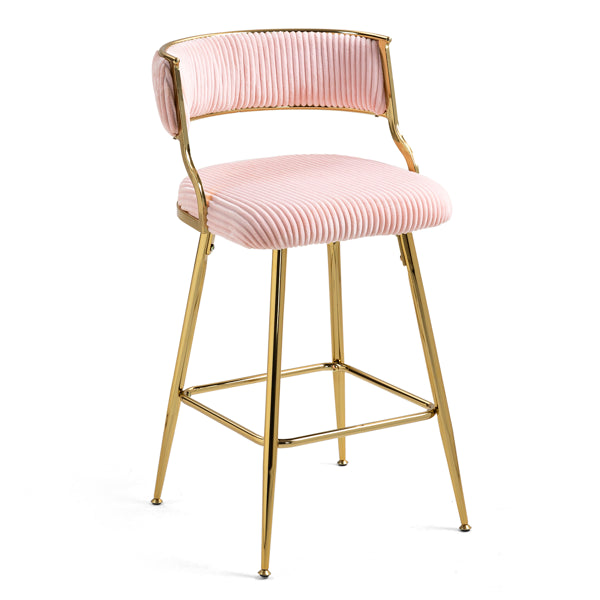Set Of 2 Counter Height Bar Stools, 26 Inch Corduroy Kitchen Island Counter Bar Stool With Back, Golden Chromed Base And Footrest - Pink