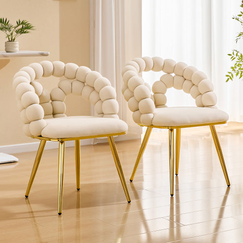 Modern Velvet Dining Chair With Bubble Back, Accent Chair With Gold Metal Legs, Upholstered Vanity Chair For Dining Room, Living Room, Bedroom, Beige Set Of 2