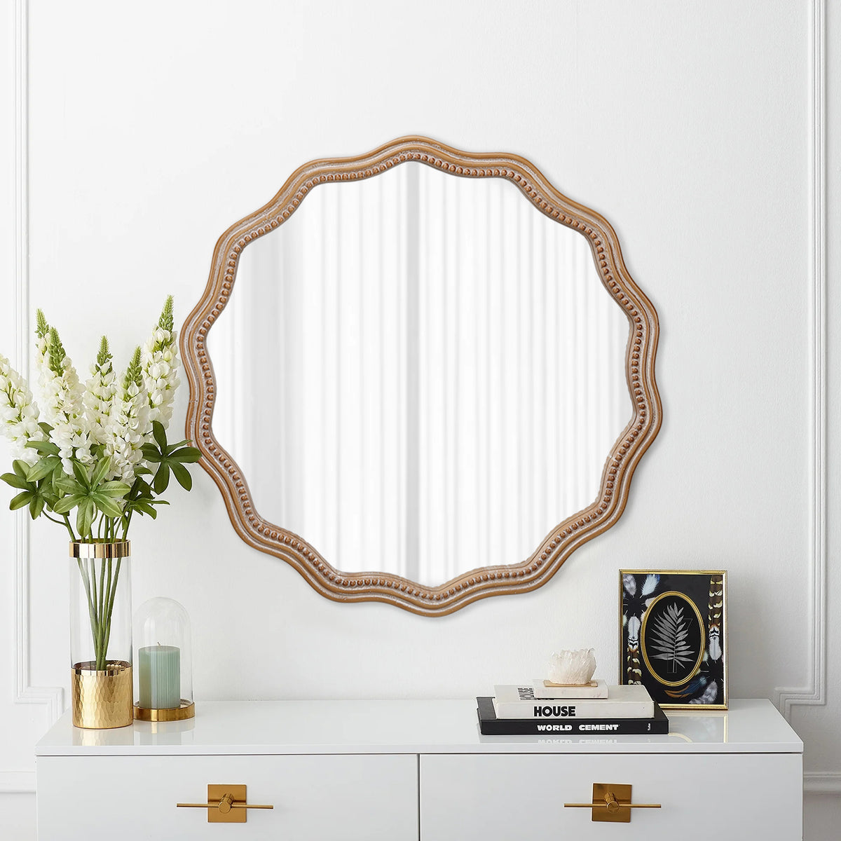 23-Inch Wood Round Wavy Scalloped Wall Mirror