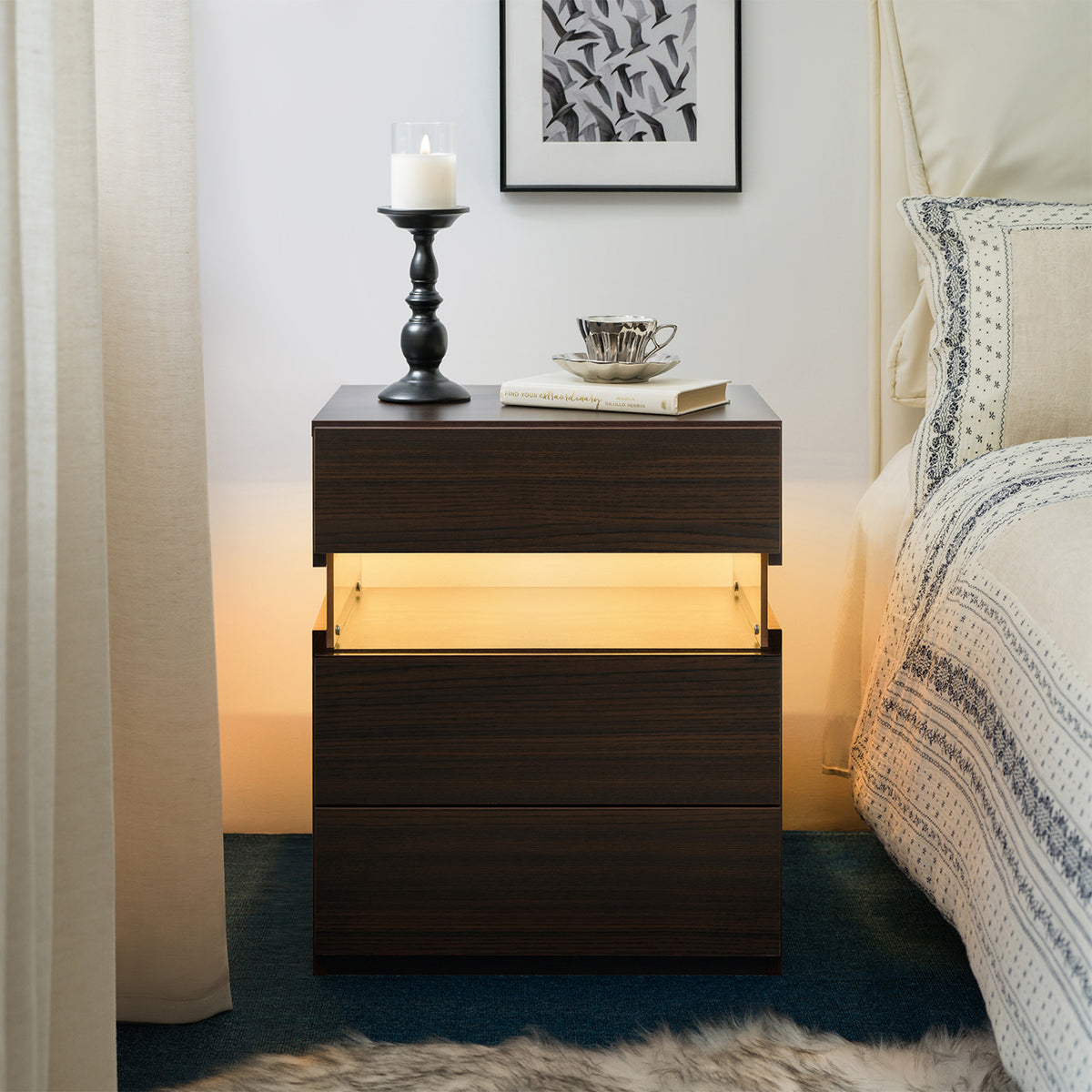 LED Nightstands 3 Drawer Dresser For Bedroom, End Table With Acrylic Board LED Bedside Tables, Walnut