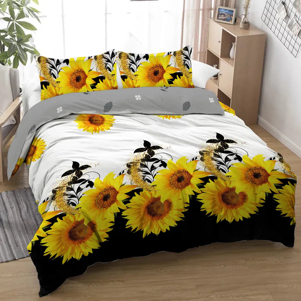 Sunflower Duvet Cover Set, Full, 3 Piece, Black Background