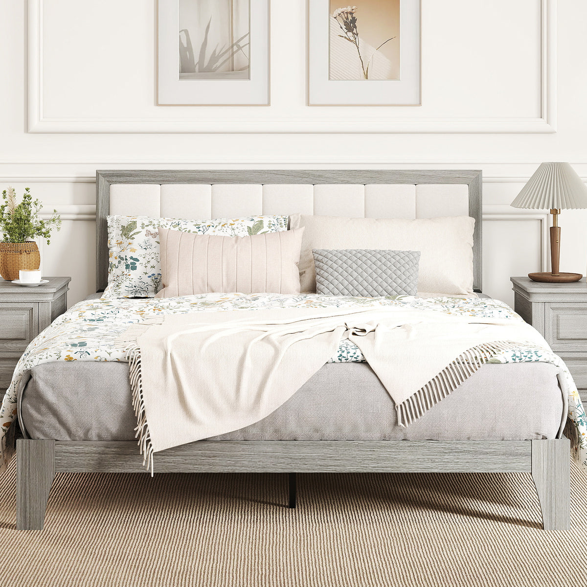Queen Bed Frame With Headboard Platform Wood Slat Support