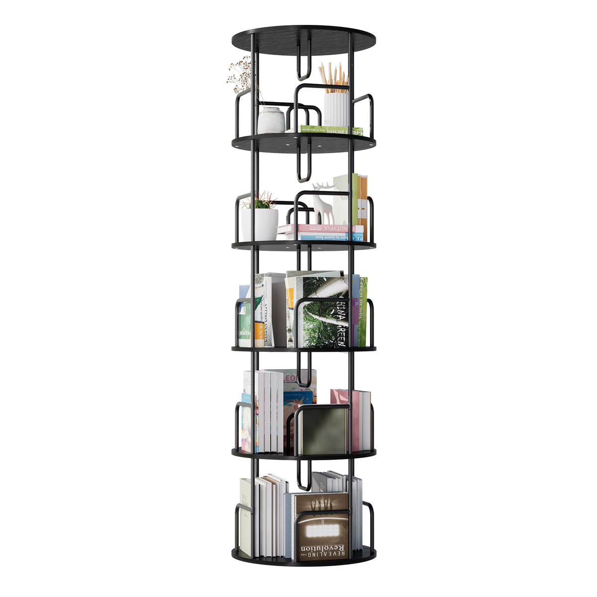 Rotating Bookshelf Tower 5 Tier Spinning Bookcase Revolving 360 Book Shelf Narrow Tall Bookcase Vertical Turning Round Storage Bookshelf Book Shelf Organizer For Bedroom Living Room Black